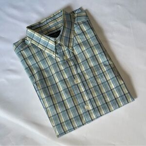 Eddie Bauer Relaxed Fit Blue White Green Checkered Long Sleeve Dress Shirt Sz L